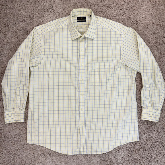 Club Room Dress Shirt Mens 17 32/33 Yellow Blue Plaid Pinpoint Regular Fit Coton - Picture 1 of 7